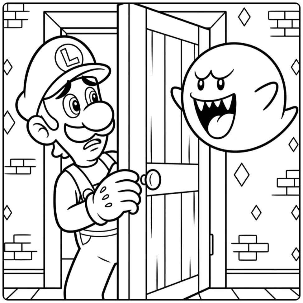 Luigi's angstige blik: een leuke luigi kleurplaat om in te kleuren.