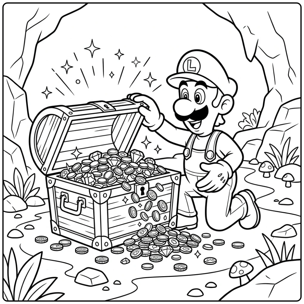 Luigi kleurplaat: held Luigi opent schatkist met glimmende muntjes.