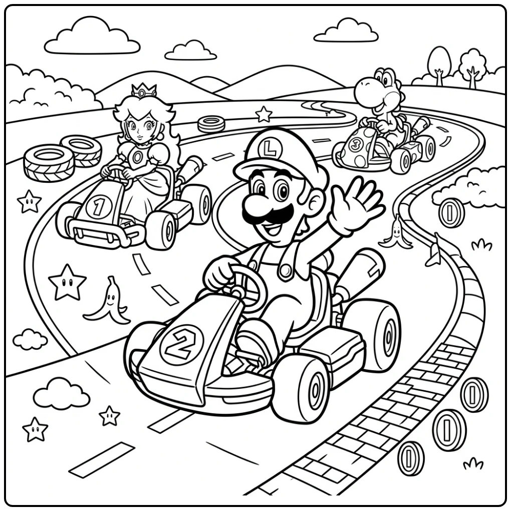 Luigi kleurplaat: Luigi leidt de kartrace voor Peach en Yoshi.