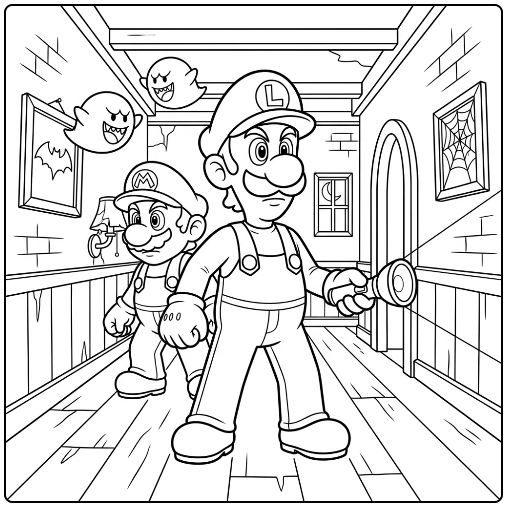 Moedige Luigi kleurplaat in spookhuis met zaklamp en Mario