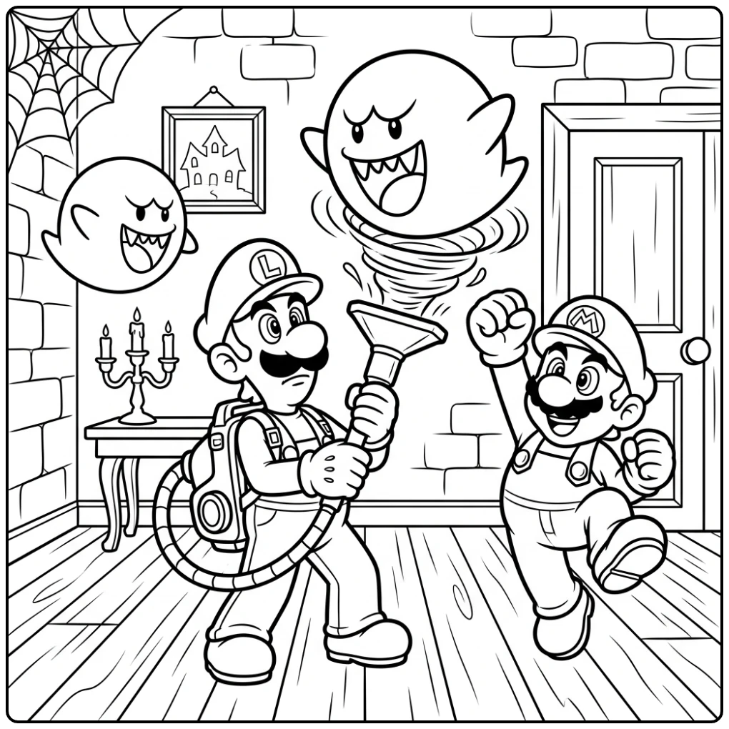 Luigi kleurplaat: Luigi vangt speelse Boo met stofzuigeractie