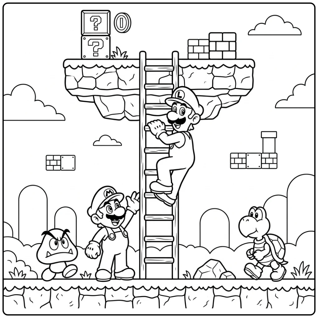 Luigi klimt ladder, Mario beneden, Goomba en Koopa; luigi kleurplaat.