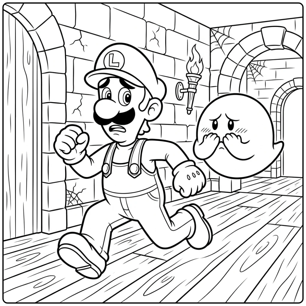 Luigi kleurplaat: bange loodgieter rent weg van een verlegen spook