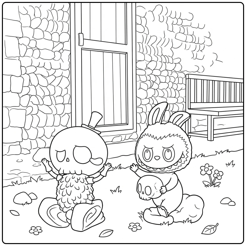 Een maandag achterna jagen labubu kleurplaat met schedelman.