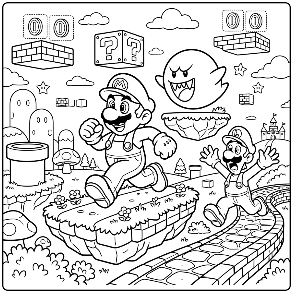 Mario kleurplaat: Mario rent voor Boo, Luigi kijkt verrast.