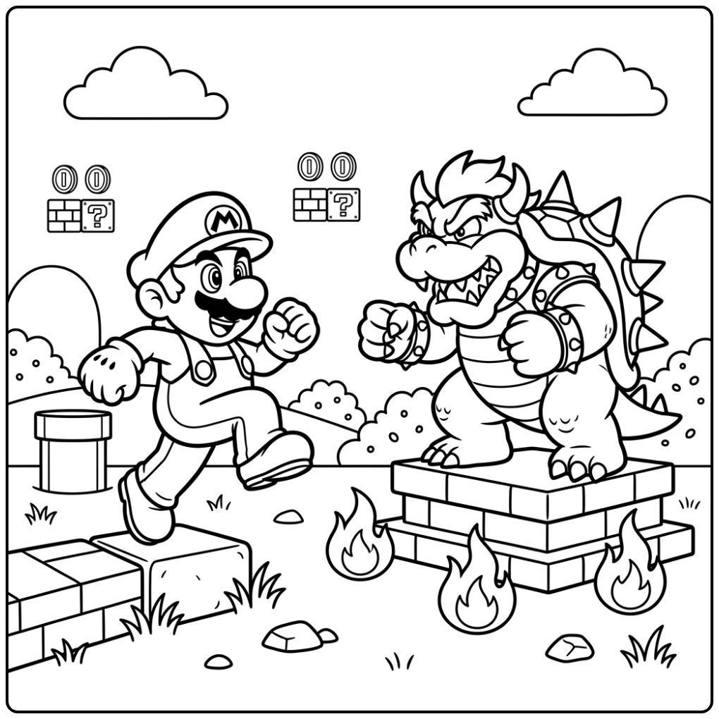 Actievolle mario kleurplaat: Mario vs. Bowser, klaar voor de strijd.