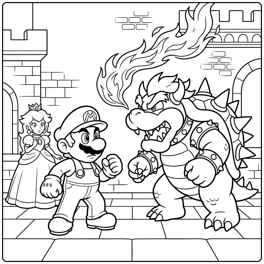 Mario kleurplaat: Mario confronteert Bowser in kasteel met Peach.