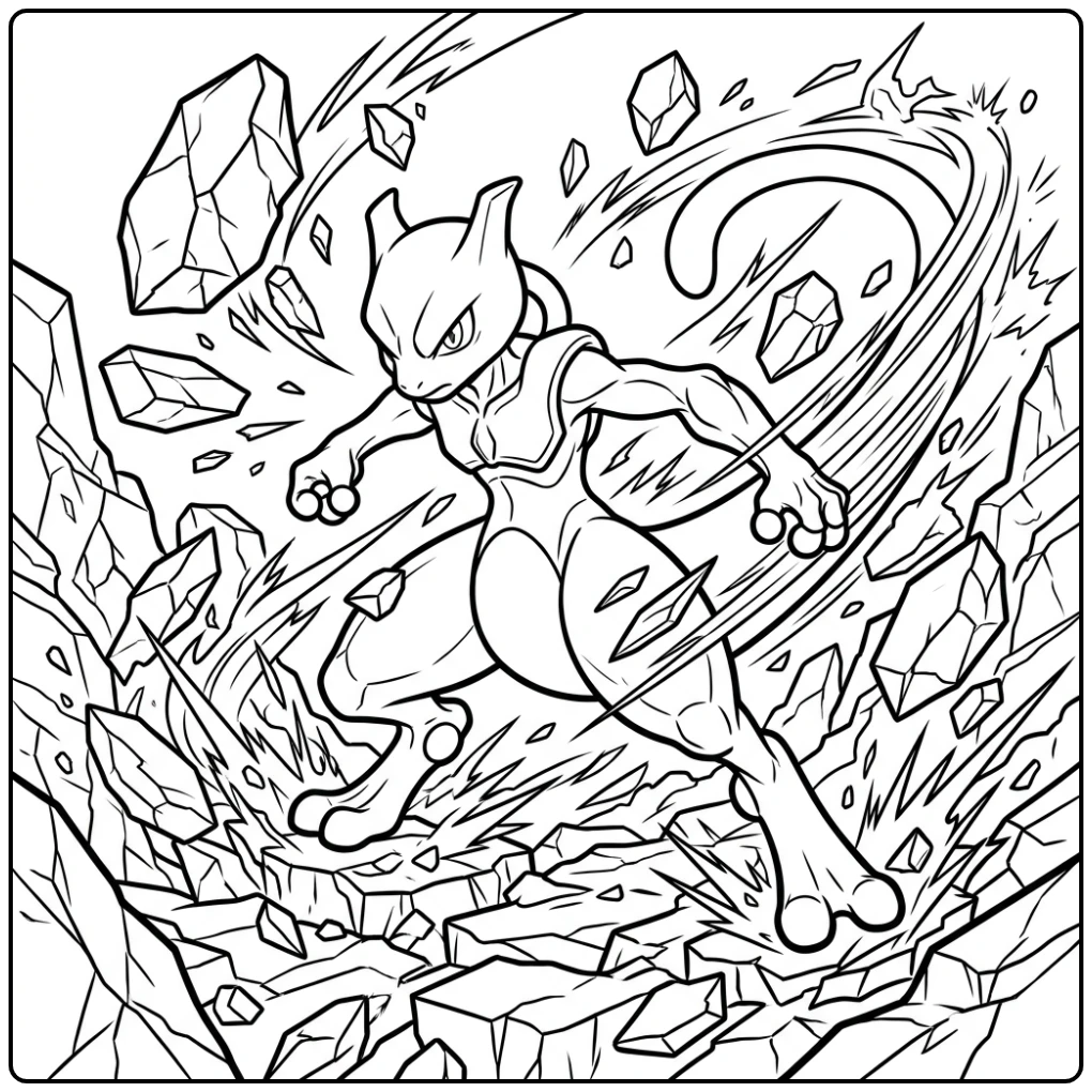 Actievolle mewtwo kleurplaat met brullende Mewtwo en rotsen.