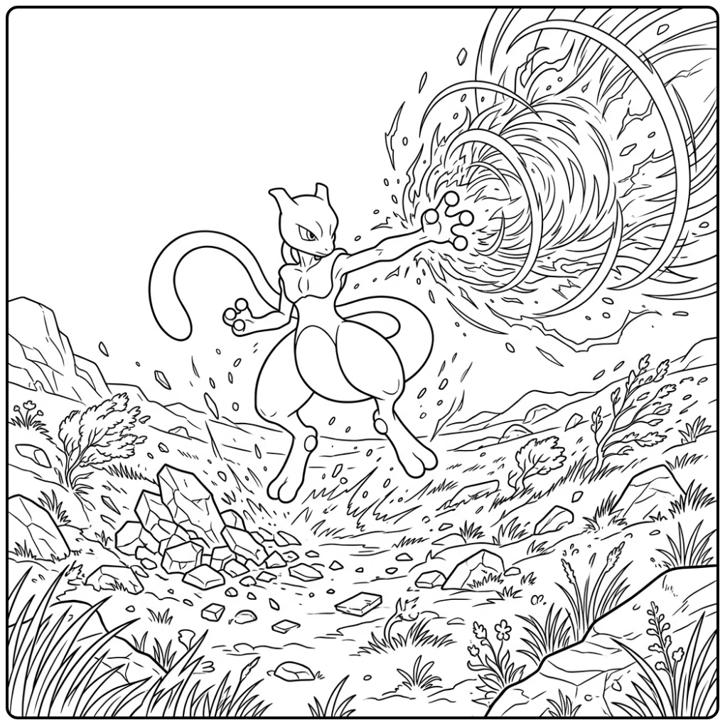 Actievolle mewtwo kleurplaat van een krachtige energieaanval.