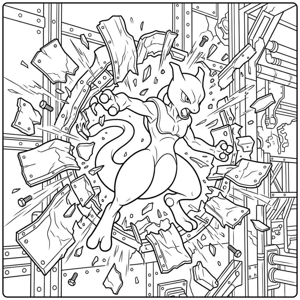 Actievolle mewtwo kleurplaat waar hij door metaal breekt.