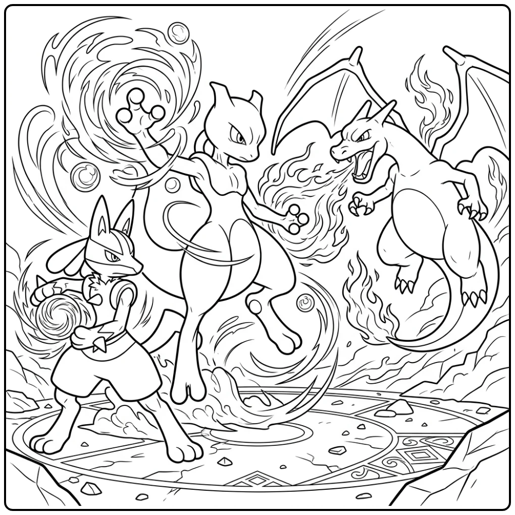 Actievolle mewtwo kleurplaat met Charizard en Lucario.