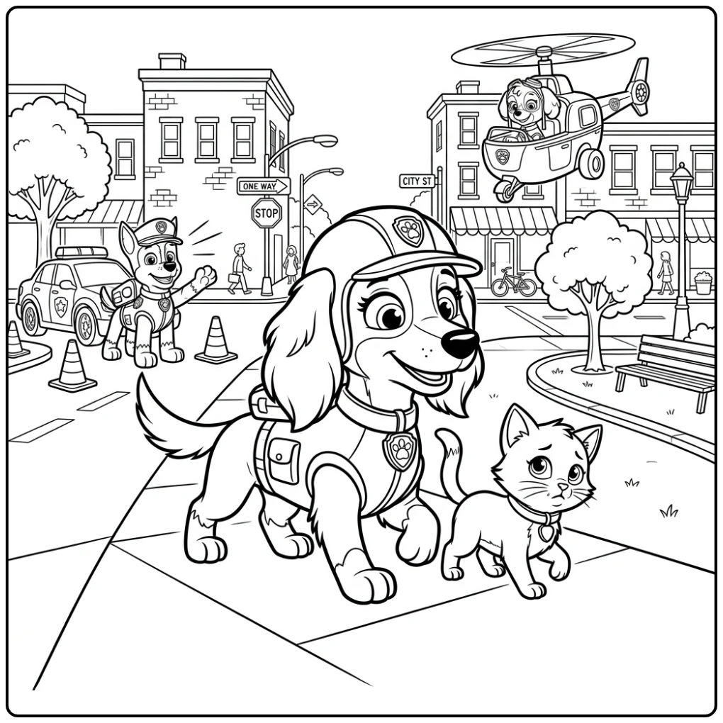 Dappere kleurplaat paw patrol liberty redt kitten in de stad