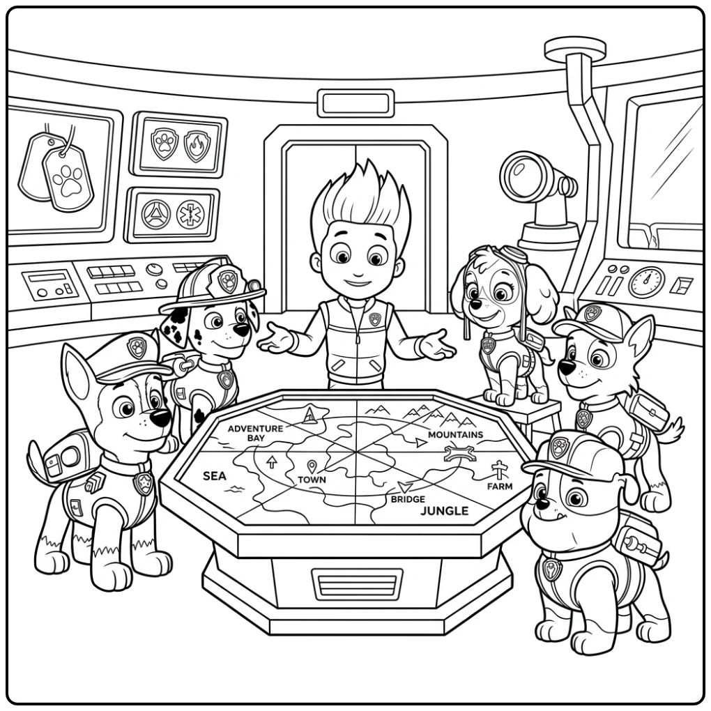 Ryder en de pups rond de kaarttafel - jouw paw patrol kleurplaat