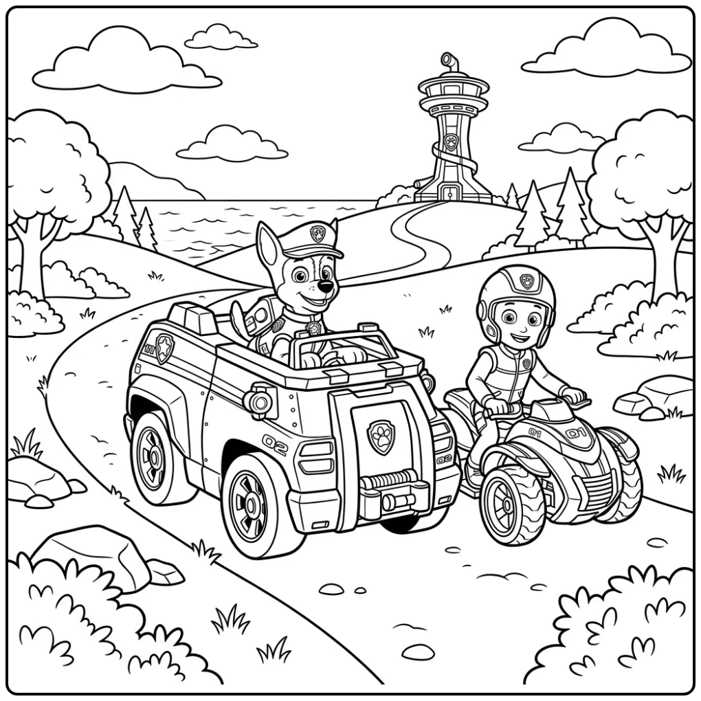 Chase en Ryder op reddingsmissie: paw patrol auto kleurplaat actie.
