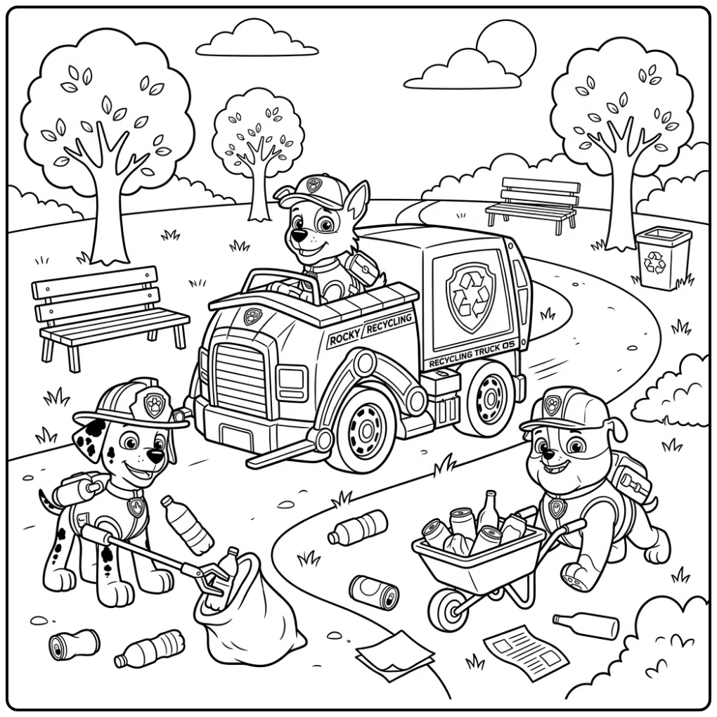 Rocky's recyclingtruck actie: een paw patrol auto kleurplaat avontuur.