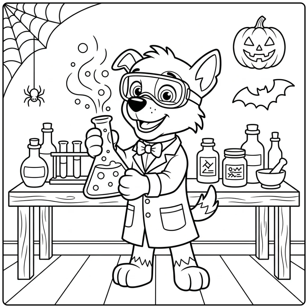 Rocky als gekke wetenschapper op deze paw patrol halloween kleurplaat