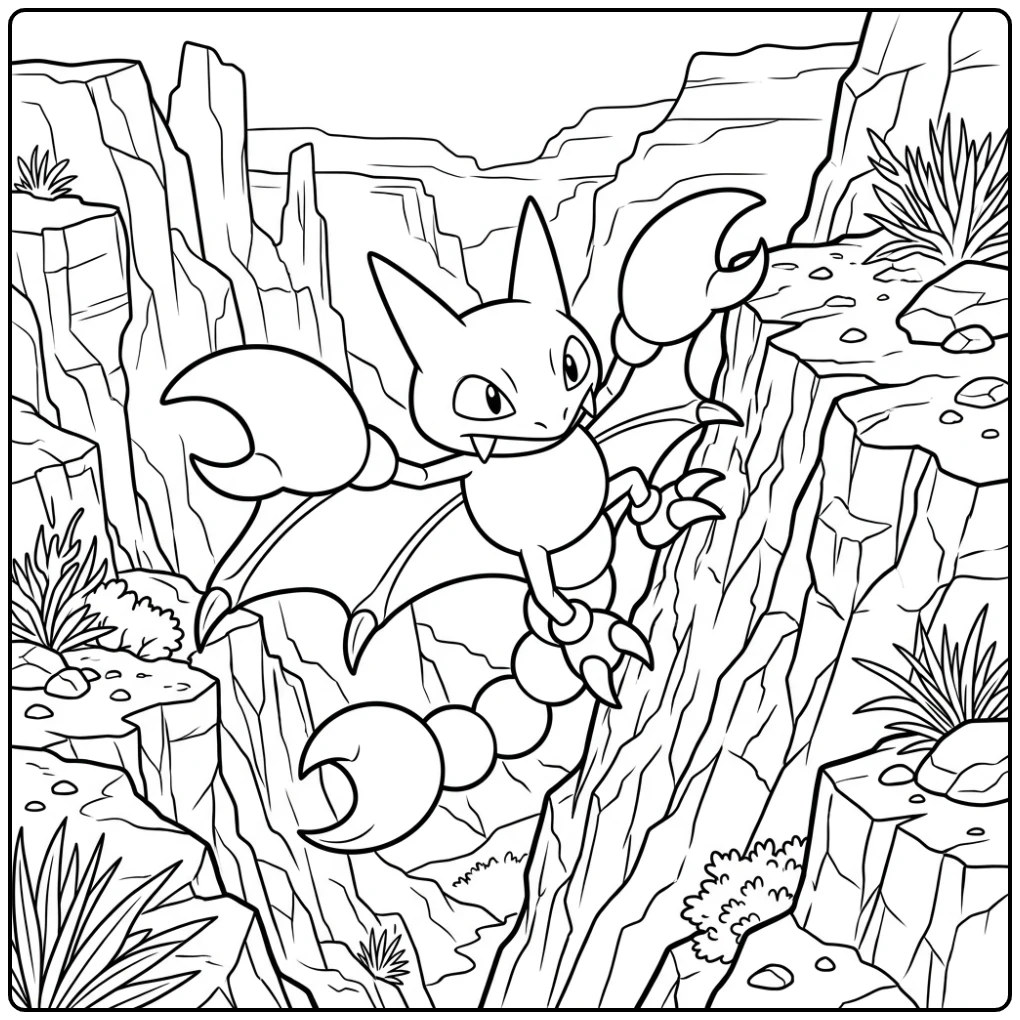 Pokemon Gligar kleurplaat op een rotsachtige klifwand.