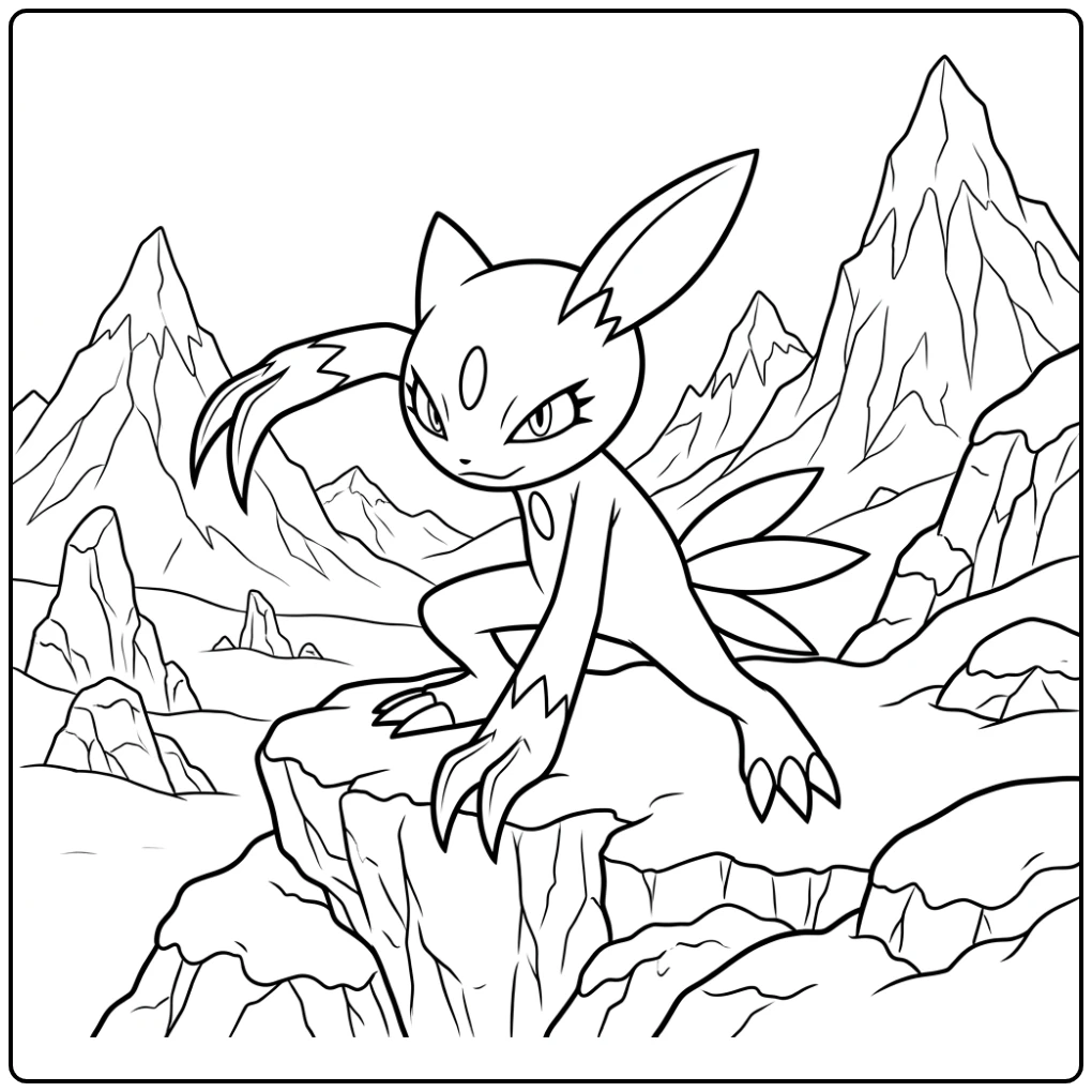 Mooie Pokemon Sneasel kleurplaat op een besneeuwde rots.
