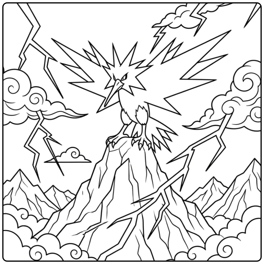 Pokemon Zapdos kleurplaat op een bergtop met felle bliksem.