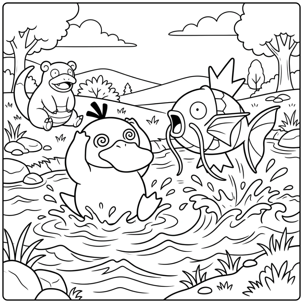 Leuke psyduck kleurplaat: Psyduck versus Magikarp gevecht aan de rivier.