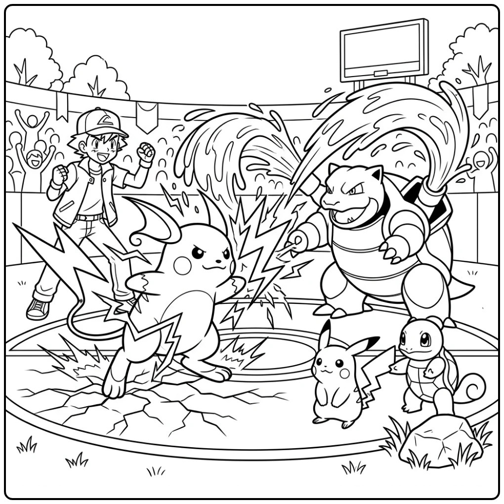 Dynamische raichu kleurplaat: Raichu vecht tegen Blastoise met Satoshi