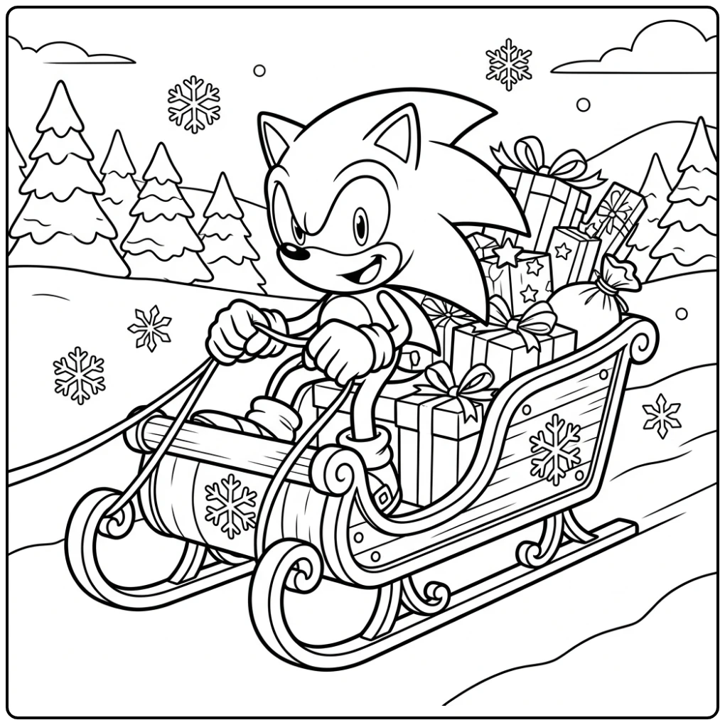 Sonic in slee vol cadeaus, een vrolijke sonic kerst kleurplaat