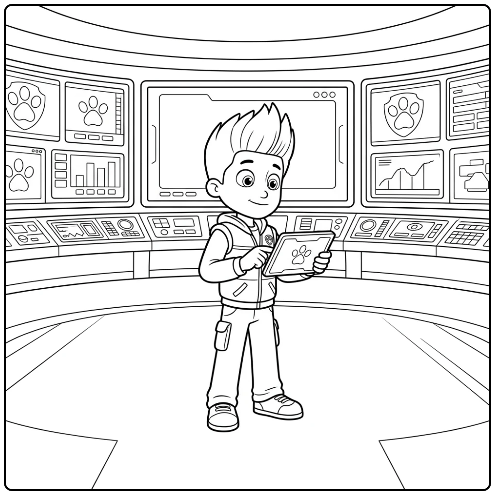 Ryder paw patrol kleurplaat: Ryder brief de pups in de uitkijktoren.