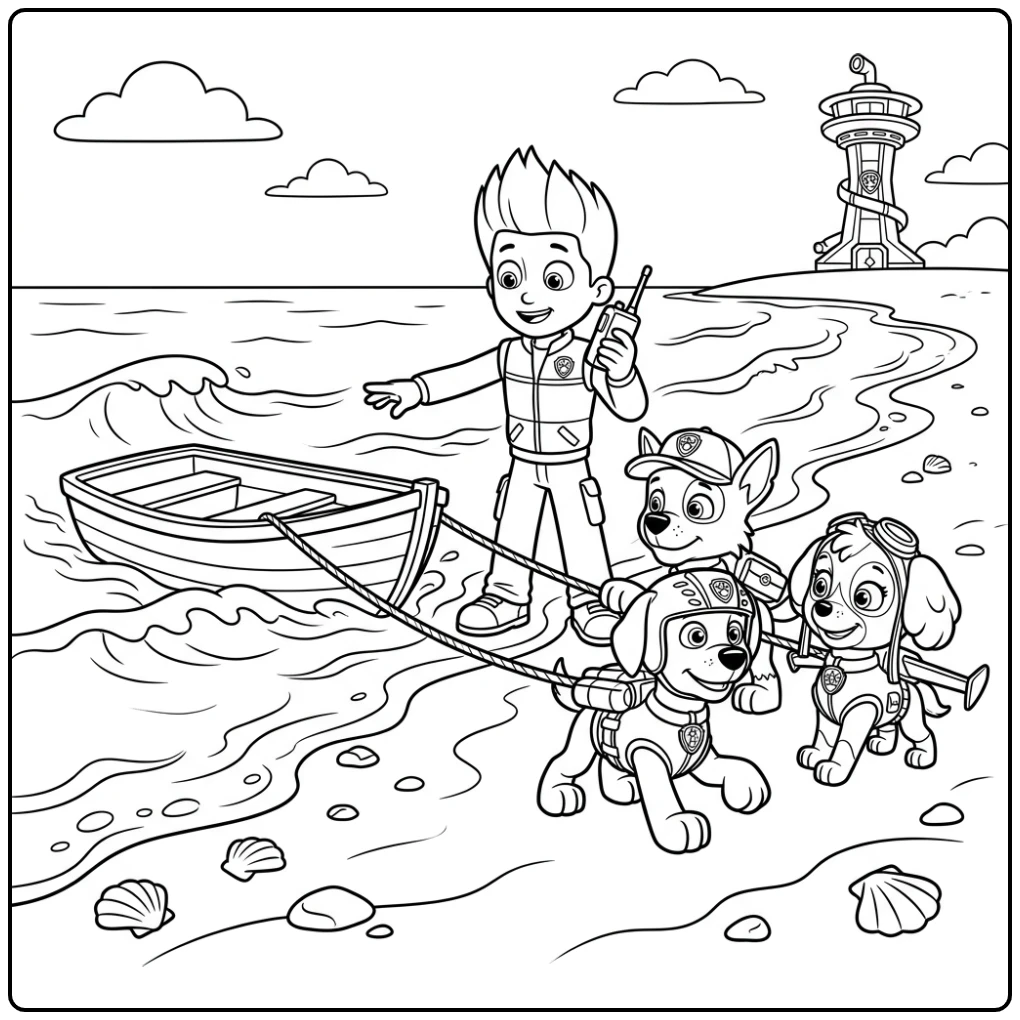 Ryder Paw Patrol kleurplaat: helden redden boot op strand.