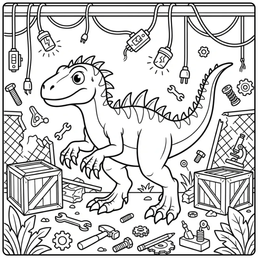 Een schattige scorpius rex kleurplaat in een kapot lab.