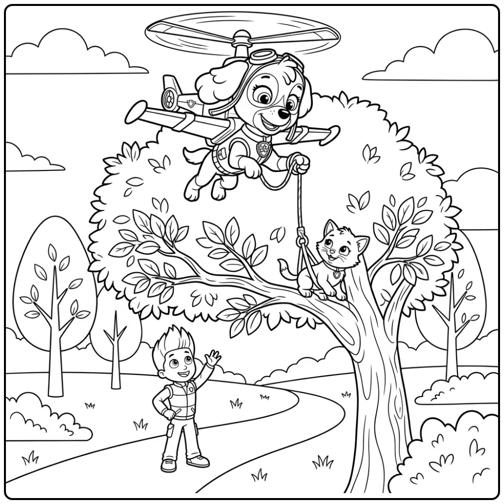 Skye in actie: skye paw patrol kleurplaat reddingsmissie voor een katje.