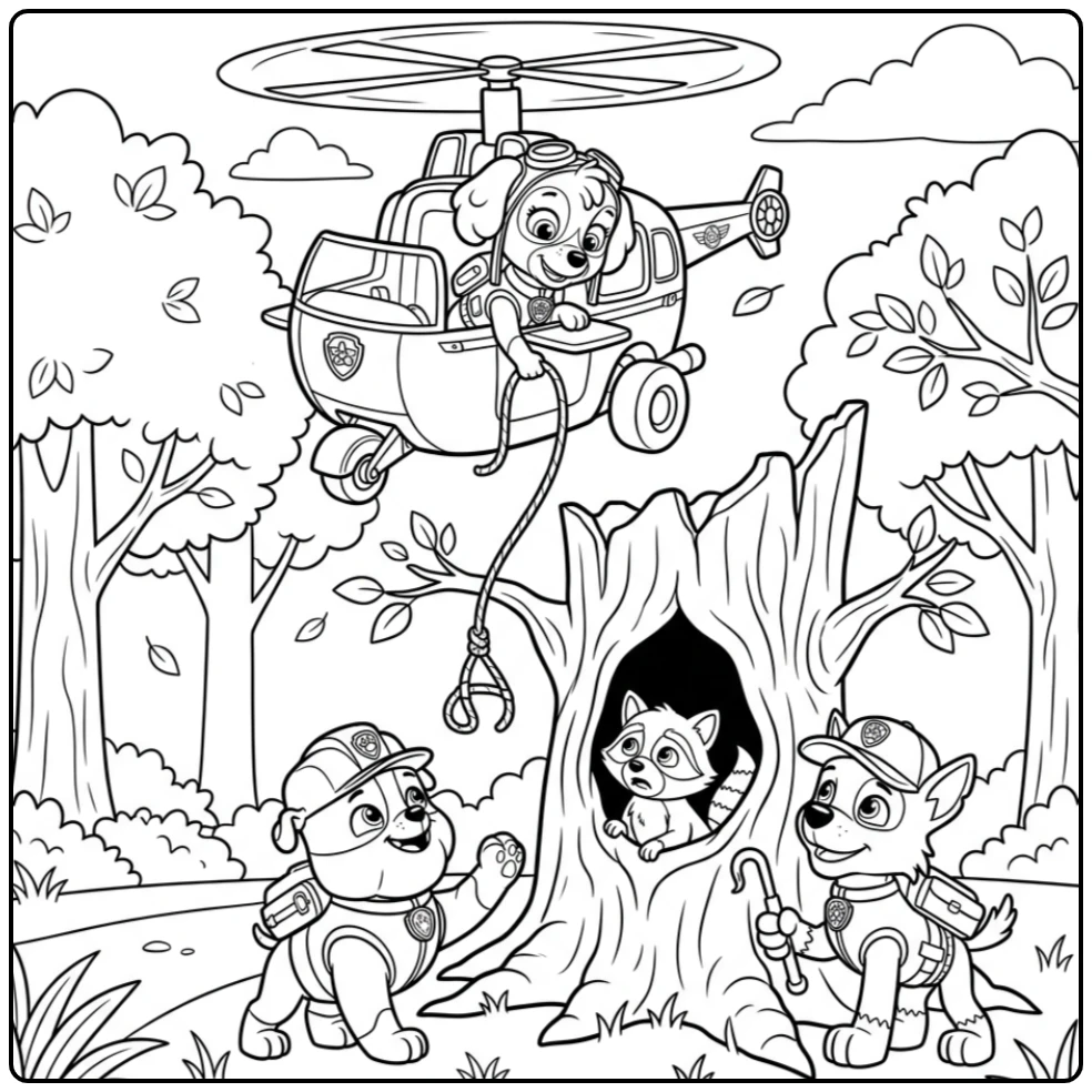 Skye Paw Patrol kleurplaat: Skye redt wasbeer met Rubble en Rocky