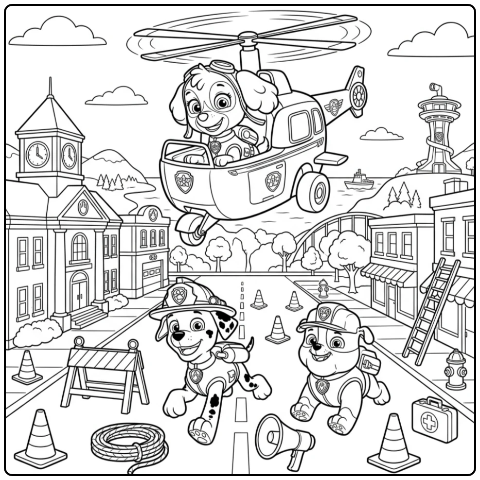 Skye Paw Patrol kleurplaat: Skye vliegt boven Adventure Bay met vrienden.
