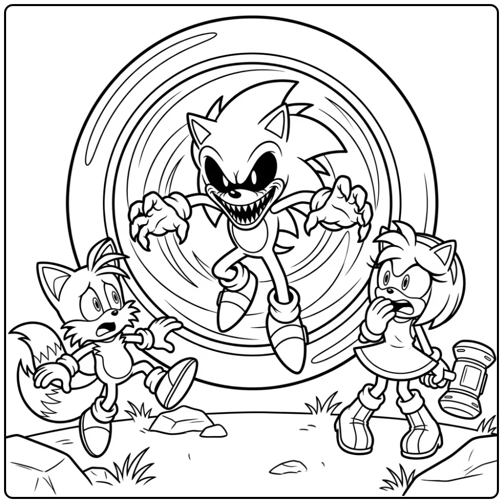 Griezelige sonic exe kleurplaat: Sonic.exe springt uit portaal, Tails en Amy geschrokken.