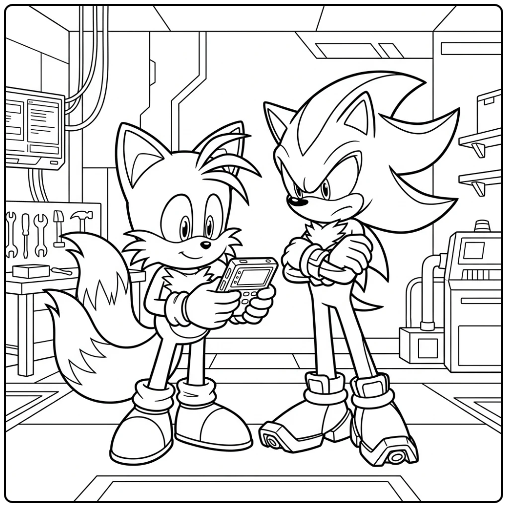 Tails kleurplaat: Tails en Shadow bekijken samen een mysterieus apparaat.