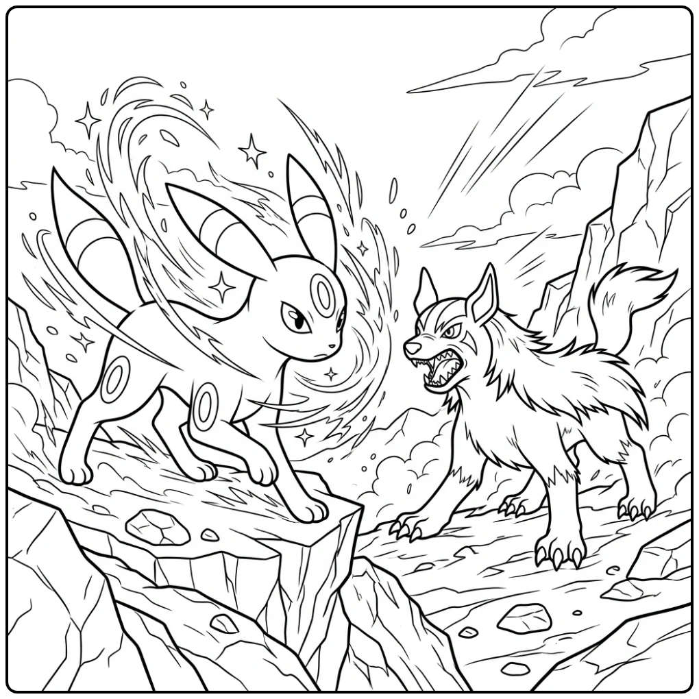 Umbreon kleurplaat: Umbreon gebruikt een duistere aanval tegen Mightyena.