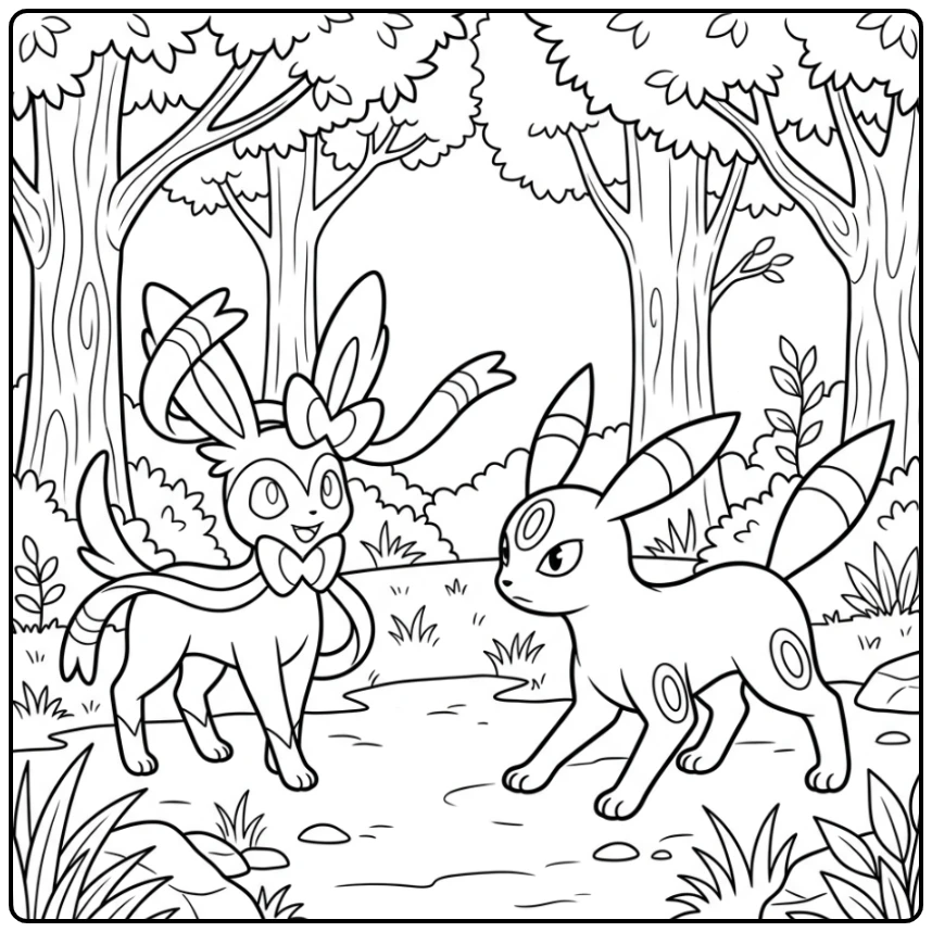 Umbreon kleurplaat: Umbreon en Sylveon in speelse strijd in bos.