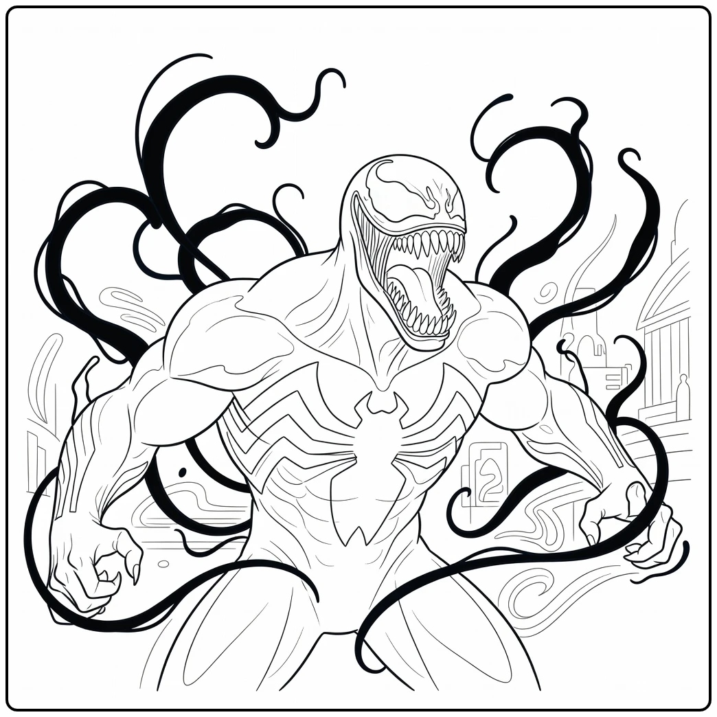 Brullende venom kleurplaat met scherpe tanden en tentakels.