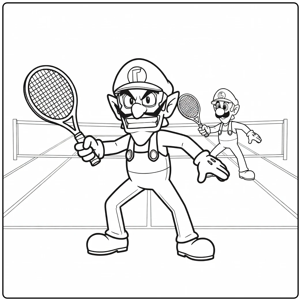 Sportieve waluigi kleurplaat met Luigi op de tennisbaan.