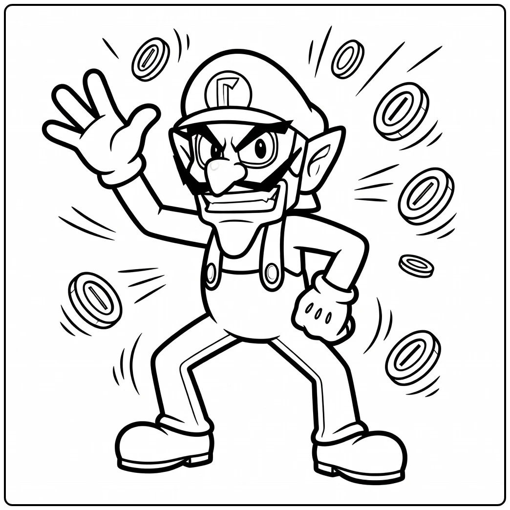 Leuke waluigi kleurplaat met munten en een sluw gezicht.