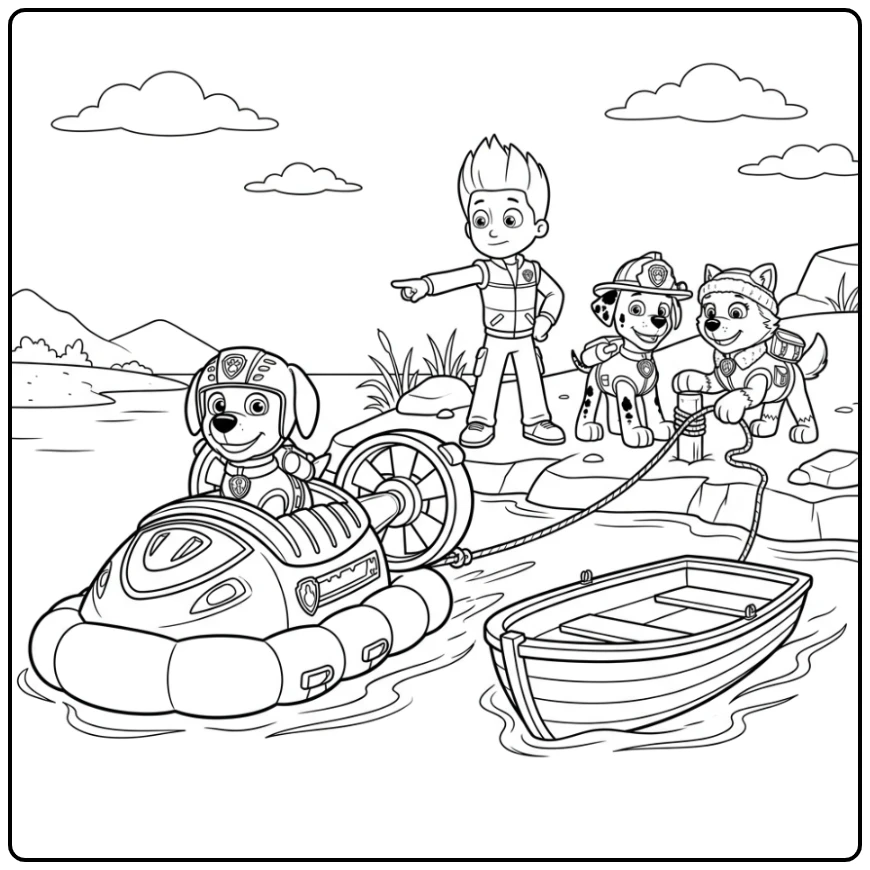 Zuma paw patrol kleurplaat: held Zuma redt boot met Ryder en pups.