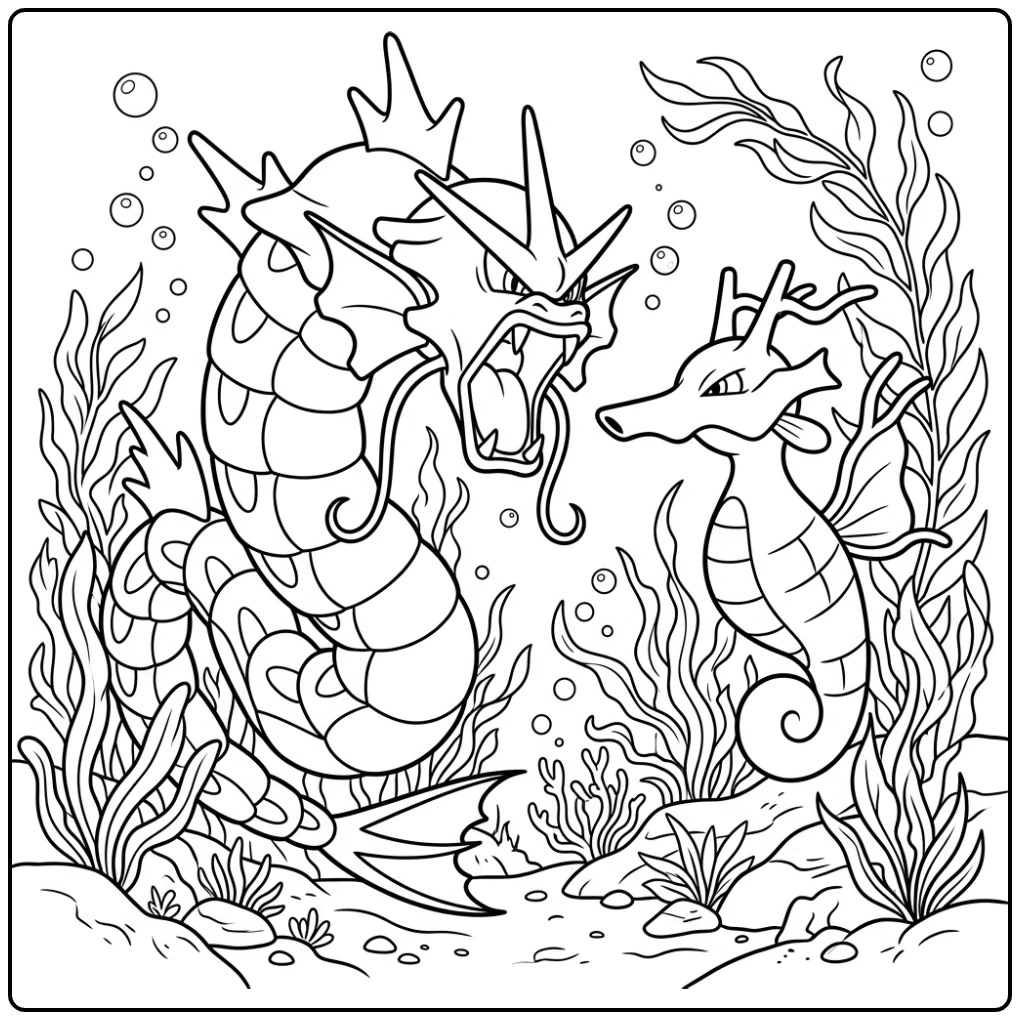 Woeste gyarados kleurplaat vecht onder water met Kingdra.