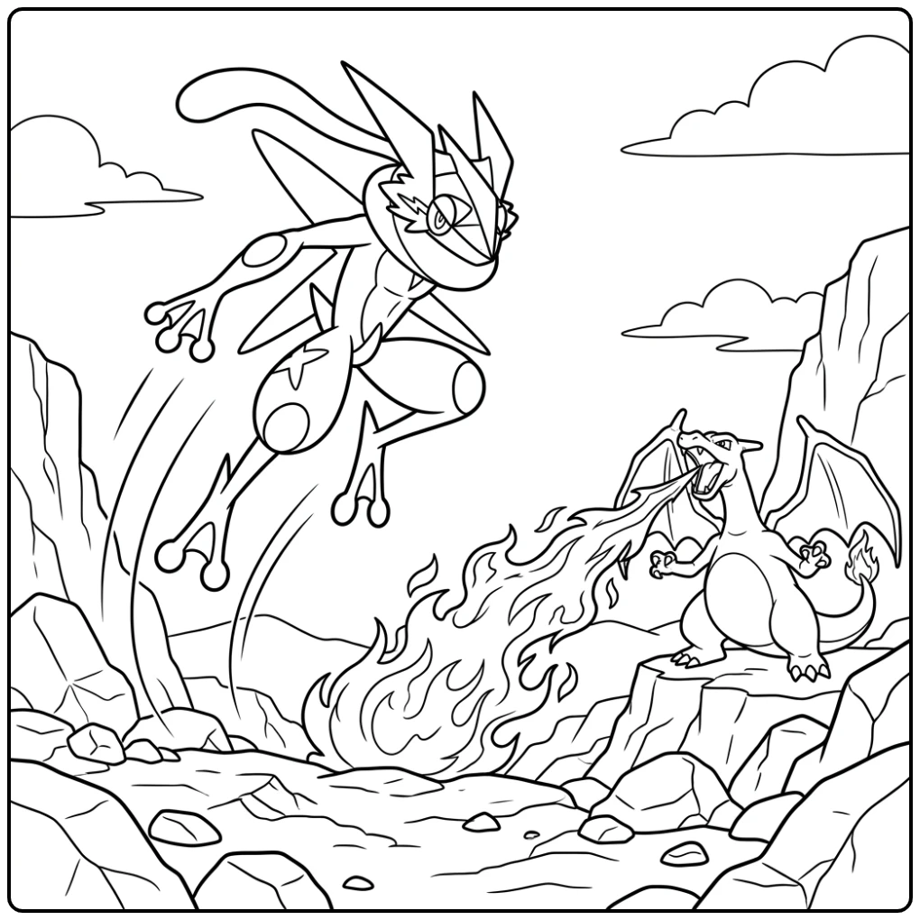Dynamische greninja kleurplaat: Greninja ontwijkt Charizard's vuur.