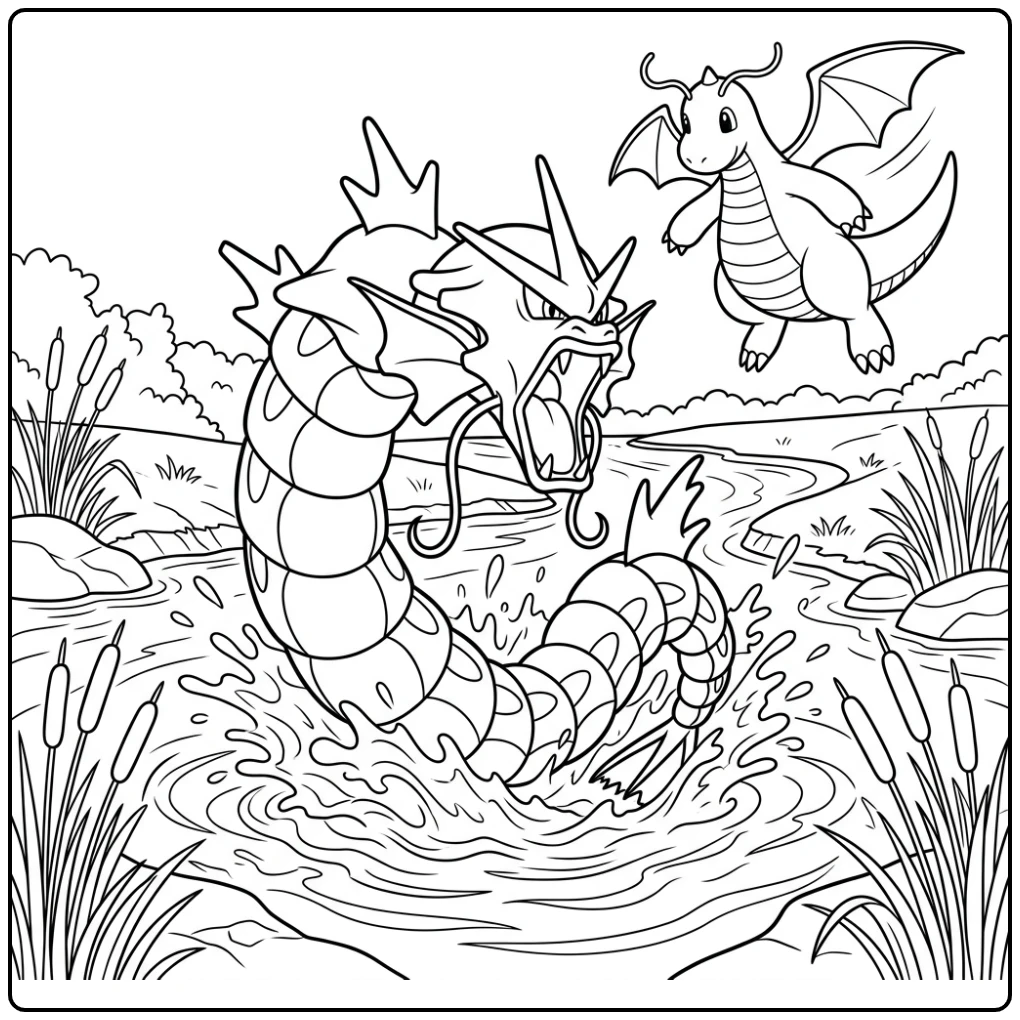 Energetische gyarados kleurplaat: Gyarados springt uit de rivier.