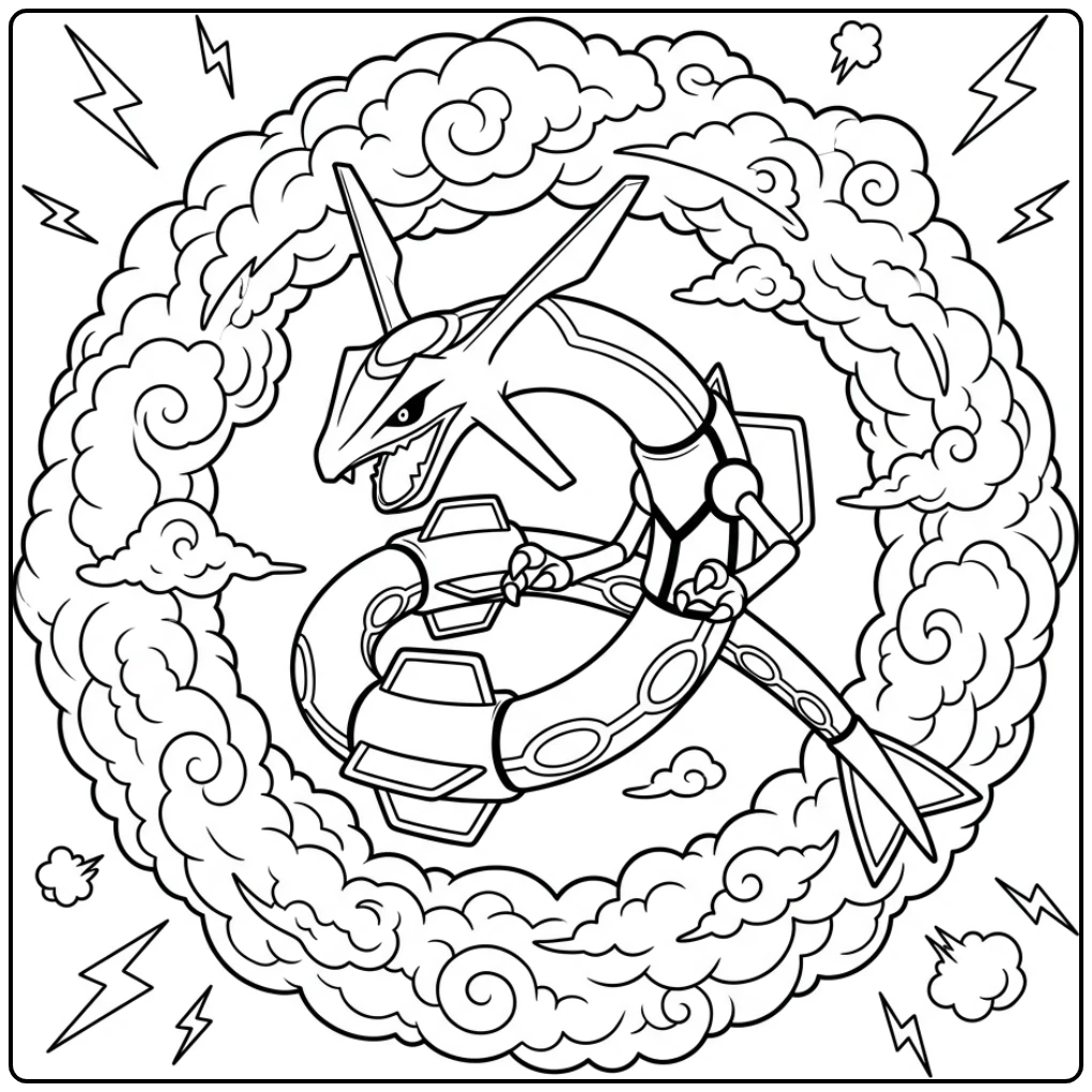 Dynamische rayquaza kleurplaat: Rayquaza vliegt door wolkenring.