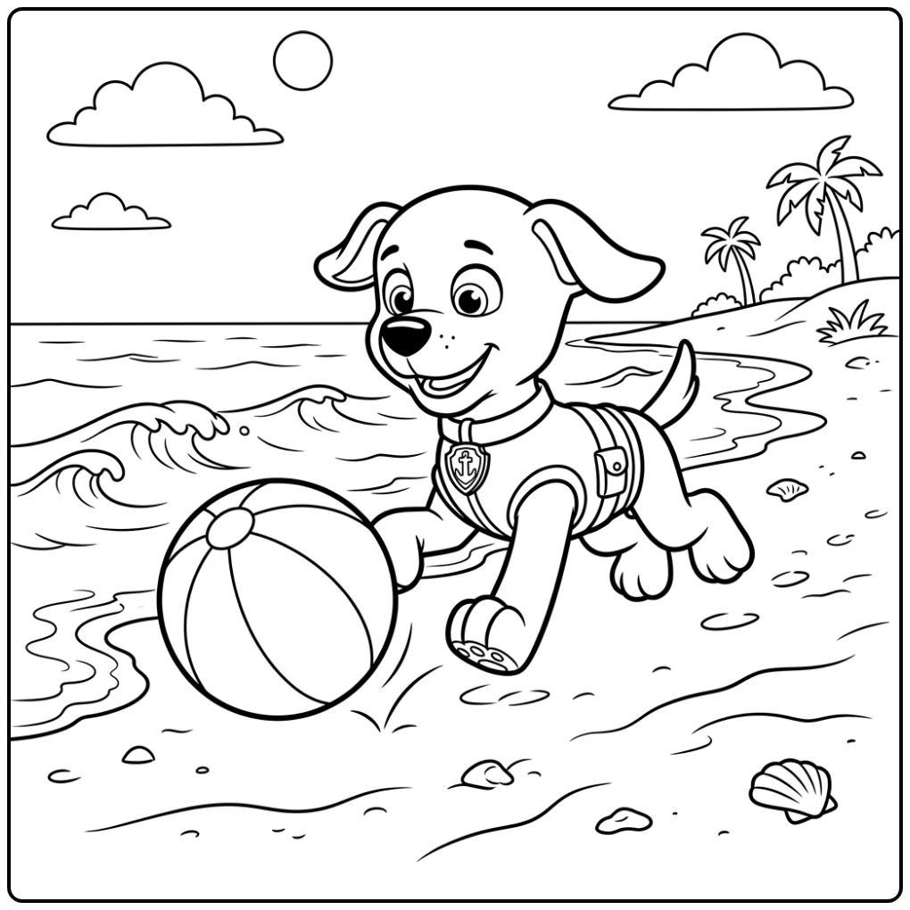 Zuma met strandbal bij zee, leuke zuma paw patrol kleurplaat voor kids.
