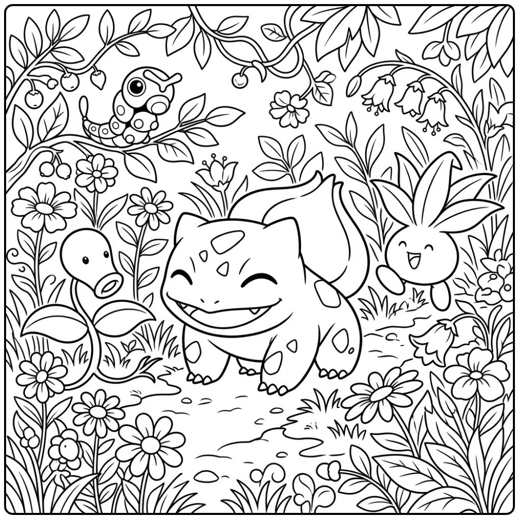 Vrolijke bulbasaur kleurplaat in de tuin met vriendjes.