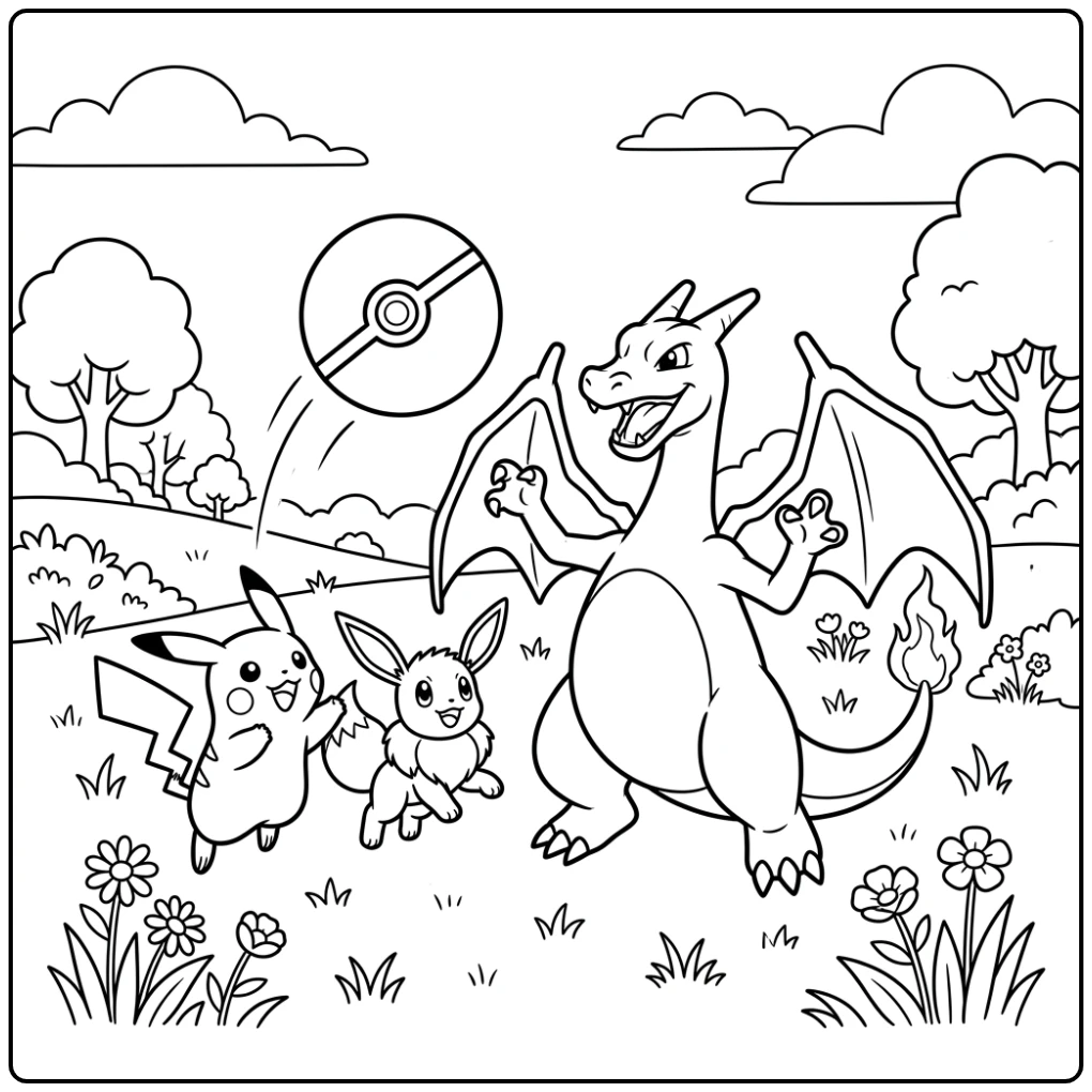 Een vrolijke charizard kleurplaat met Charizard, Pikachu en Eevee.