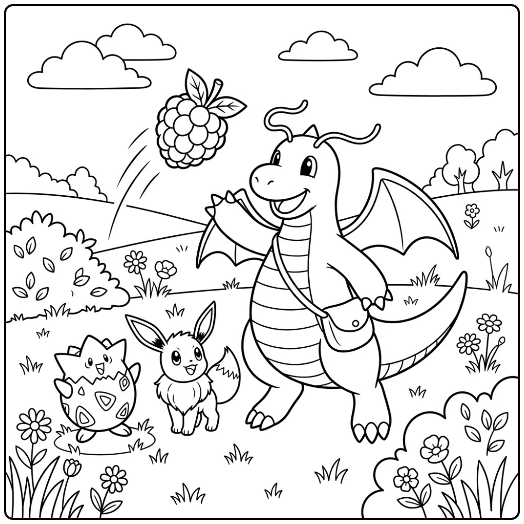 Leuke dragonite kleurplaat met vrienden in een zonnige weide