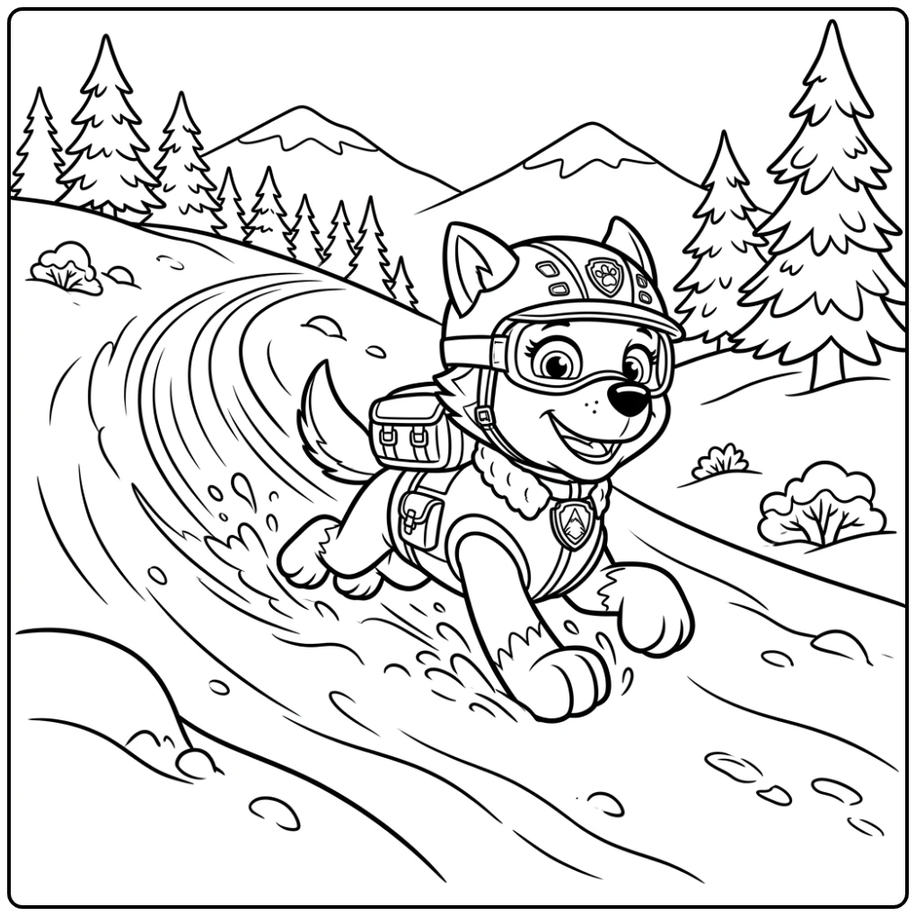 Everest Paw Patrol kleurplaat: Everest speelt in de sneeuw