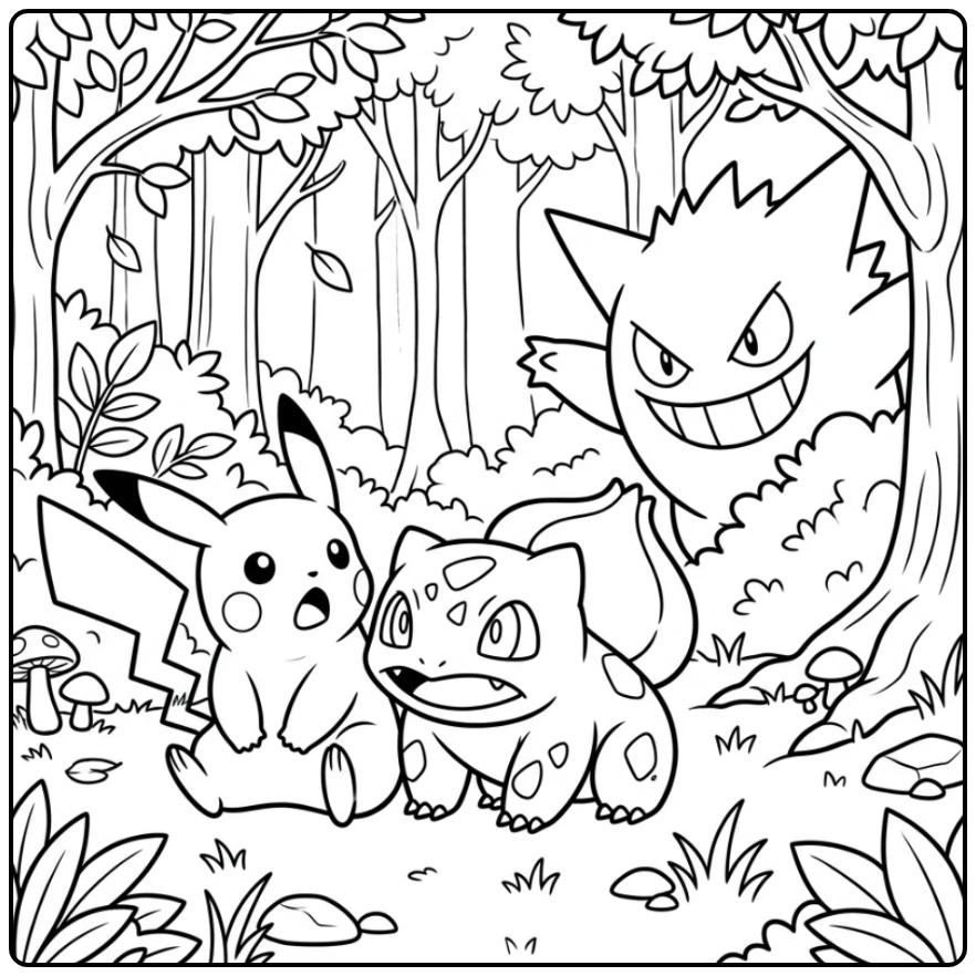 Gengar kleurplaat van Gengar die Pikachu en Bulbasaur verrast